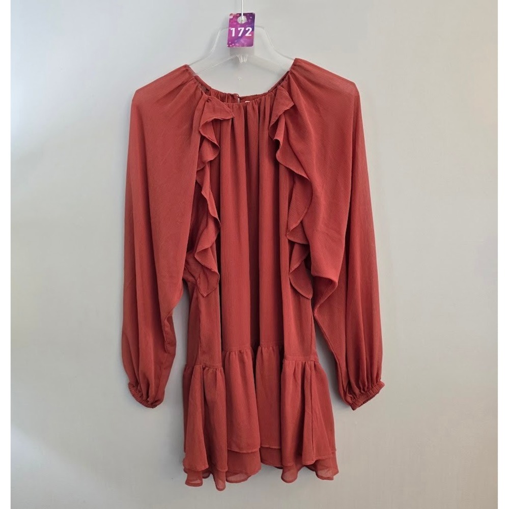 The Drop Womens Jordan Ruffle Neck Tiered Mini Dress Boho Long Sleeve Size M NEW